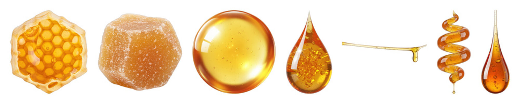 Honey set including honeycomb, crystallized chunk, smooth drops, and flowing streams isolated. Sweet natural food and cosmetic ingredient.