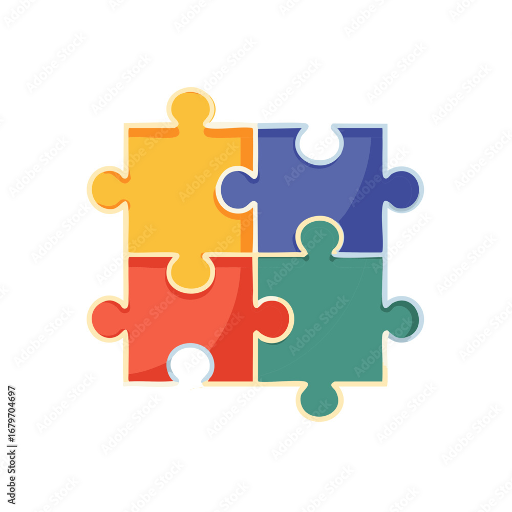 Poster four colorful jigsaw puzzle pieces connected together symbolizing unity