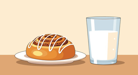 Delicious breakfast illustration: A cinnamon roll with a glass of milk ready to enjoy