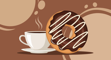 Obraz premium Delicious breakfast illustration with coffee and a tasty chocolate frosted donut