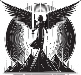Black and White Angel Silhouette with Sword Standing atop Mountain in Engraved Style
