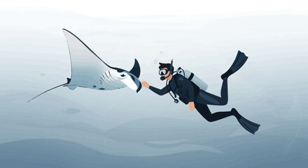 Diver Touching Ray: Exploring Ocean Depths and Meeting Aquatic Wildlife Undersea