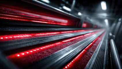 Industrial conveyor belt with red lights