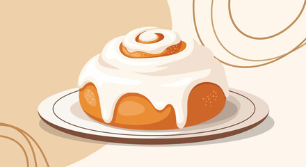 Delicious Cinnamon Roll Graphic Illustration on a Plate with Creamy Frosting