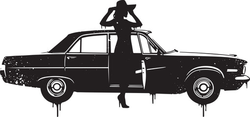 Monochrome vector illustration of a woman and vintage car with d