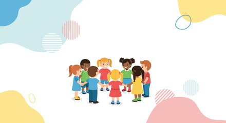 Naklejka premium Diverse Children Together Forming Circle Holding Hands: Friendship And Togetherness
