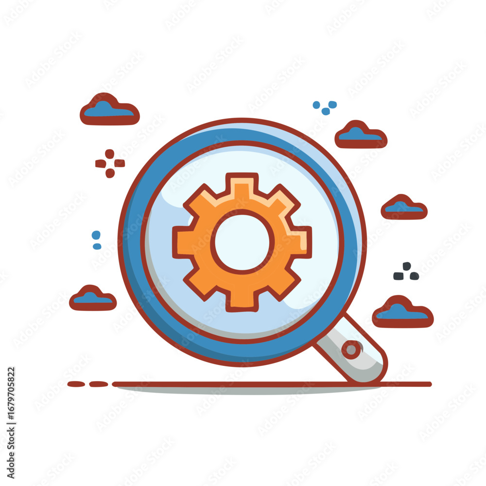 Poster magnifying glass and gear icon search settings system configuration optimization concept