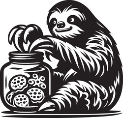 Fototapeta premium A cute sloth reaching into a jar of cookies, adorable black and white illustration