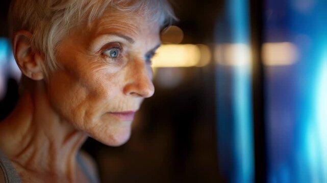 Medium shot of a senior woman midaction in a virtual boxing game the massive screen lights illuminating her focused face while background remains softly defocused.