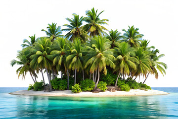 Lush tropical island with palm trees isolated on transparent background, a serene paradise for vacation, with white sand beach and turquoise ocean water