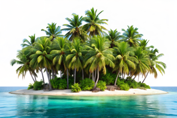 Lush tropical island with palm trees isolated on transparent background, a serene paradise for vacation, with white sand beach and turquoise ocean water