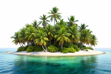 Tropical island with palm trees isolated on transparent background, a paradise destination for vacation and relaxation in the sun, with white sand beach