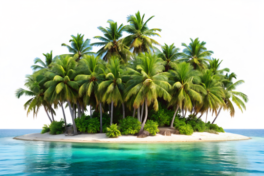 Lush tropical island with palm trees isolated on transparent background, a serene paradise for vacation, with white sand beach and turquoise ocean water