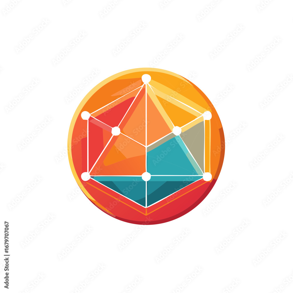 Poster abstract geometric object in a colorful circle with connecting lines and nodes artwork