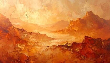 Cracked Earth and Distant Mountains in Warm Golden Hues