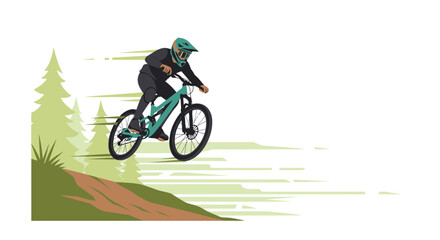 Fototapeta premium Dynamic Mountain Biking Action Depicted Against a Backdrop of Green Trees and White Space