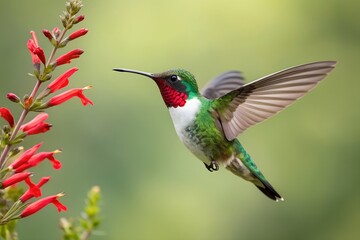 Fototapeta premium Vibrant green and red hummingbird hovers gracefully, wings blurred, nearing bright red tubular flowers for sweet nectar in a serene garden