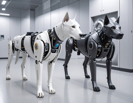 Futuristic Bionic Robotic Dogs Pair Guarding a Corporate Safe Vault