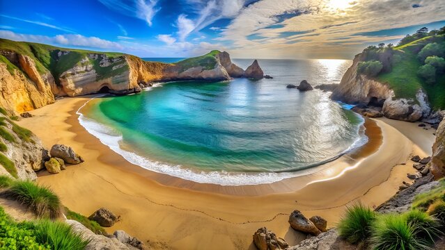 A breathtaking view of playa de poo beach in llanes, asturias, spain, with its golden sand, turquoise water, and dramatic cliffs under a sunny sky