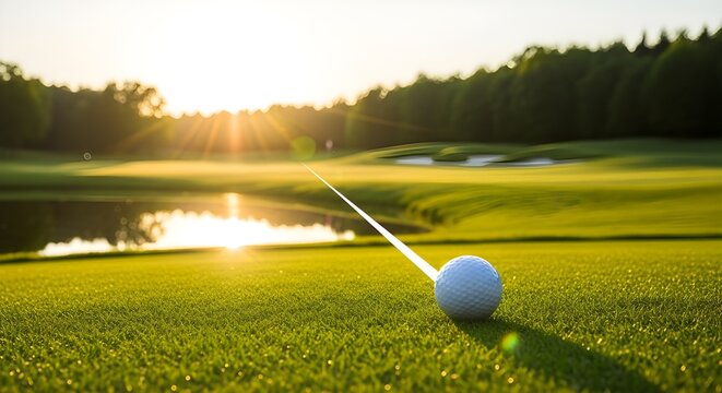 Golf ball on a green fairway with a lake and trees in the background at sunset - Powered by Adobe