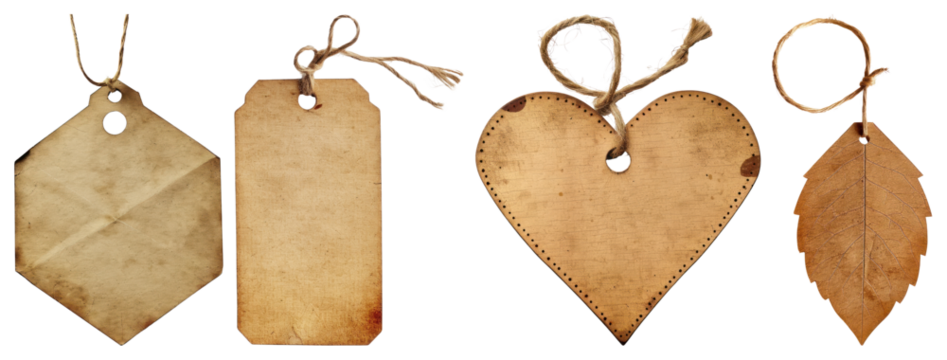 PNG Vintage tags with rustic charm, element set on transparent background