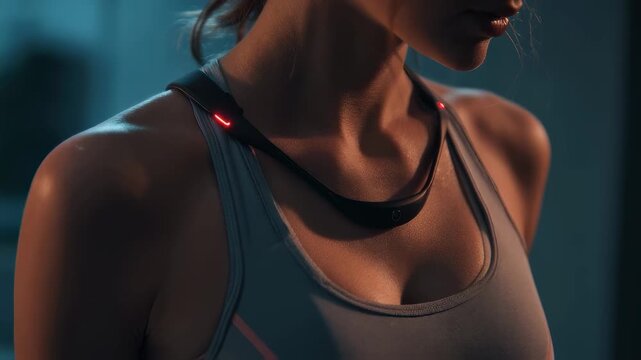 Zoomed medium shot of a dynamic heart rate monitor strap in use highlighting its contours and light indicators with a minimalistic blurred backdrop for longCOVID support.