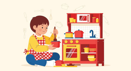 Delighted Child Pretending To Cook In Playful Kitchen, Culinary Dream And Imagination