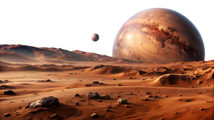 An alien landscape with a large planet and a smaller moon in the sky, isolated on transparent background, evoking a sense of wonder
