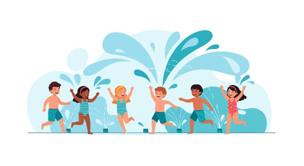 Fototapeta premium Delighted Diverse Children Playing With Water Sprays During Summertime Merriment