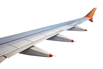 Airplane wing isolated on transparent background showcasing its aerodynamic design and engineering for safe and efficient air travel