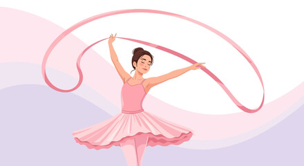 Elegant Ballerina Performing with Pink Ribbon Perfect for Art and Decorative Design