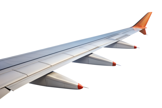 Airplane wing isolated on transparent background showcasing its aerodynamic design and engineering for safe and efficient air travel
