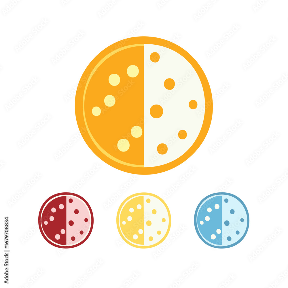 Poster set of abstract colorful circular icons showing divided halves with contrasting dotted patterns and 