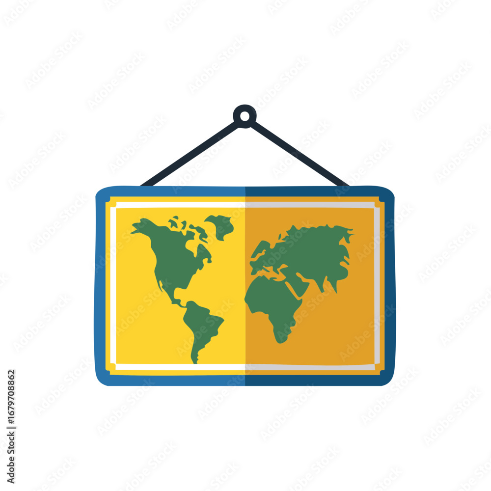 Poster flat world map displayed on a yellow and blue board hanging by a string