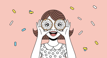 Delighted Woman Peeking Through Donuts, Joyful Expression, Sprinkles, Pink Background