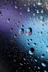 Macro raindrops on glass with colorful night lights reflection
