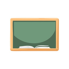 Green school blackboard with wooden frame and open book at the bottom