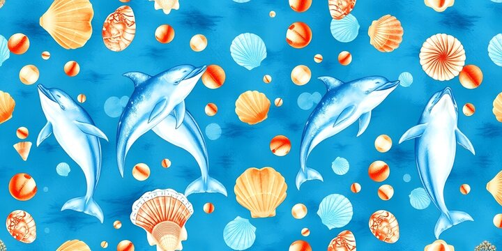 Blue ocean water with multiple dolphins swimming amidst shells and round objects