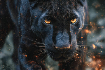 Close-up of a black panther with intense golden eyes emerging through a smoky, fiery background creating a mysterious and powerful wild animal portrait scene