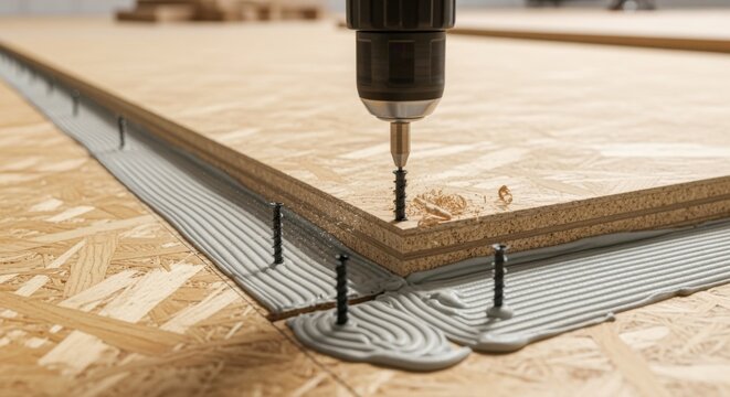 Side angle shot of a power drill securing screws through subflooring while adhesive spreads evenly ensuring a silent and stable surface.