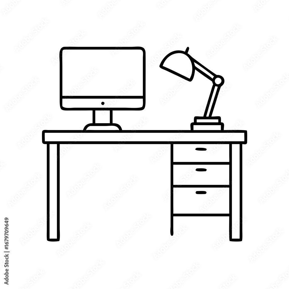 Poster vector art of line art illustration of a desk with a computer and lamp, for use in design and presen