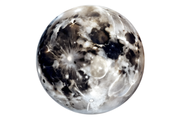 Detailed full moon surface with craters and shadows isolated on transparent background, showcasing lunar details and celestial beauty for astronomy enthusiasts