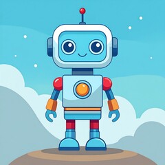 Cute robot character on a rock, cartoon style