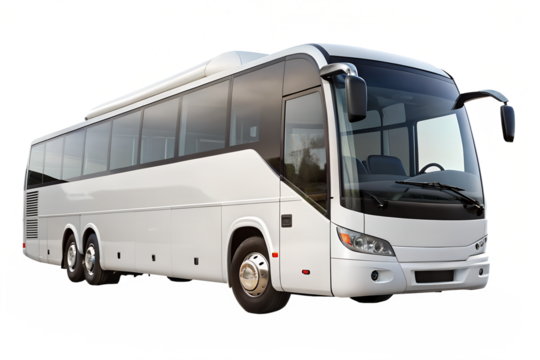 Modern white passenger bus for public transport isolated on transparent background, perfect for tourism, city travel, and transportation services