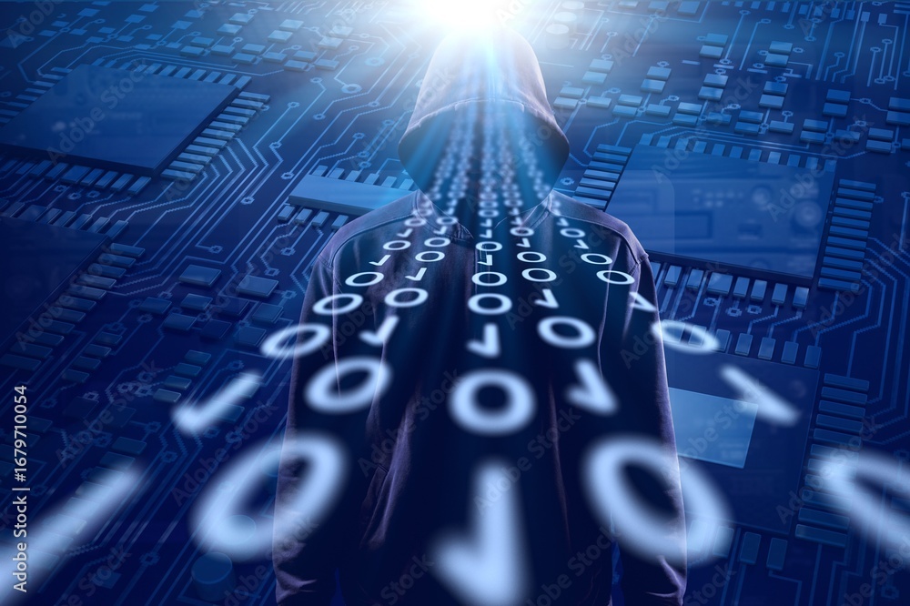 Poster hacker cyber man and computer screen background