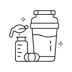 Vector art of line art illustration of protein shaker with supplements, perfect for fitness and health content
