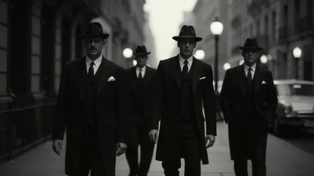 Group of professional men in suits and hats strolling down the street, possibly on their way to a meeting or networking event