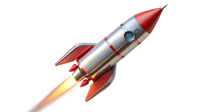 A vintage rocket ship soaring upwards, isolated on transparent background, representing technological advancement, space exploration, and the spirit of innovation