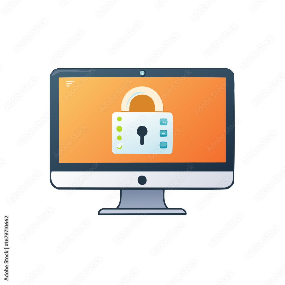 Poster computer monitor with a large padlock icon symbolizing digital data security and online privacy prot