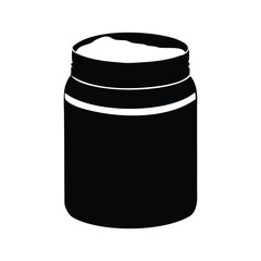 Monochrome minimalist illustration of food storage jar, filled with a white substance, collagen powder container silhouette vector illustration